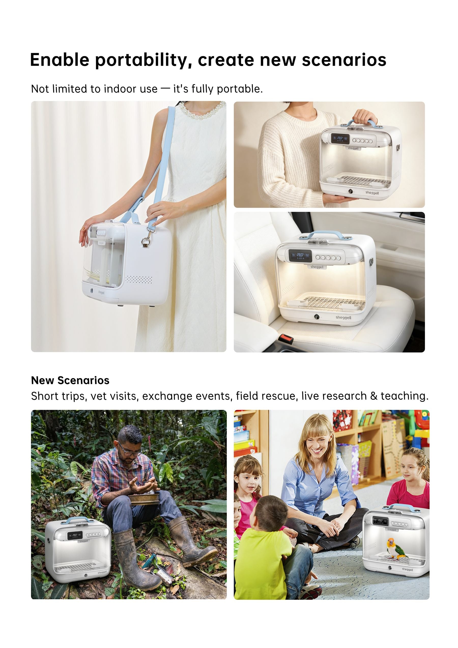 English lifestyle guide showing SHEGGELL portability and travel scenarios